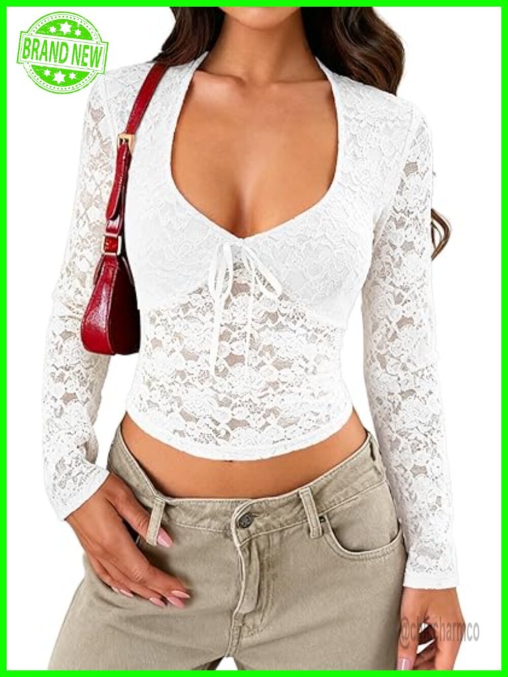 Long Sleeve Sheer Lace Top V-Neck Fitted Blouse Going Out Tunic